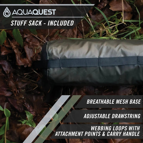 Ultralight Waterproof Tarp For Backpacking And Thru-Hiking in olive drab rolled in a stuff sack with adjustable drawstring.