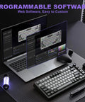 Kickass 75 Percent Tri Mode Wireless Mechanical Keyboard With Hot Swap Keys And Large 4000 Mah Battery For Smooth Typing Vibes And Heavy Gaming Flows In Dark Grey Finish on a desk with programming software displayed.
