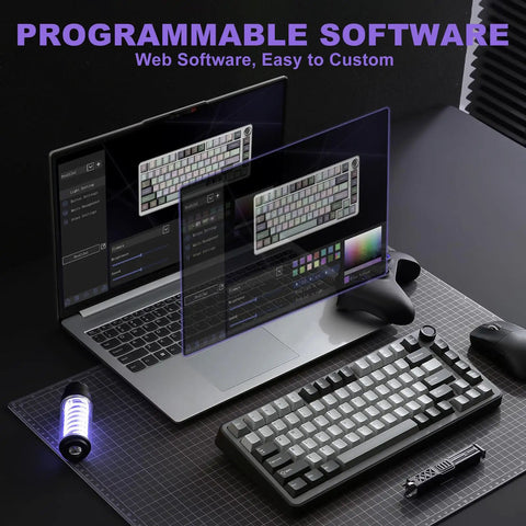 Kickass 75 Percent Tri Mode Wireless Mechanical Keyboard With Hot Swap Keys And Large 4000 Mah Battery For Smooth Typing Vibes And Heavy Gaming Flows In Dark Grey Finish on a desk with programming software displayed.