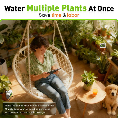 Person using automatic plant waterer for indoor and outdoor pots with plants around, showing easy setup and adjustable water output.