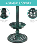 Close-up of Outdoor Solar Lighted Pedestal Bird Bath Fountain with Planter showcasing scroll accents and antique design