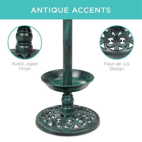 Close-up of Outdoor Solar Lighted Pedestal Bird Bath Fountain with Planter showcasing scroll accents and antique design