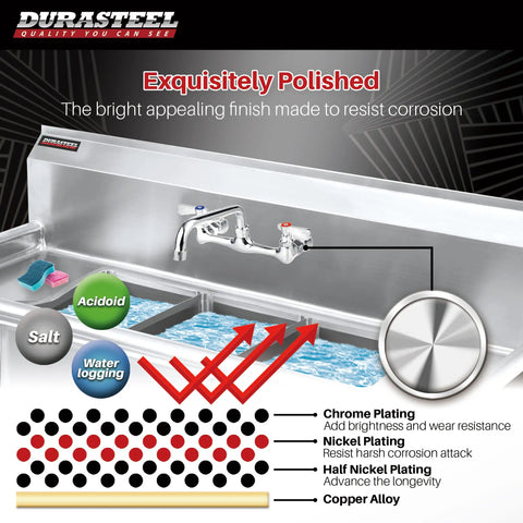 Diagram showing no lead 8 inch center wall mount kitchen sink faucet with 10 inch swivel spout and corrosion-resistant chrome polish.