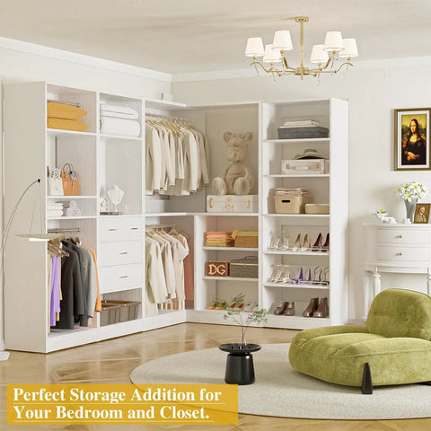 Beat The Clutter Game With This Dope Freestanding Closet System Built To Max Out Your Space Featuring Modular Wardrobe Organizers With 4 Drawers And Hanging Rods Plus A Shoe Rack With Mix And Match Towers Keep It Fresh Anywhere In Your Home - Modular closet with 4 drawers, hanging rods, and shelves.