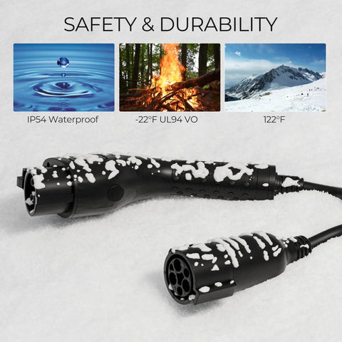 Plug And Go J1772 Electric Vehicle Charger Extension Cord With Carry Bag For Level 1 And Level 2 EV Charging showcasing weatherproof connectors in snow.