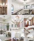 Various chandeliers and sconces in elegant rooms featuring Dimmable E12 LED Candelabra Bulbs 5000K Daylight Chandelier 60W 600LM Pack Of 6.