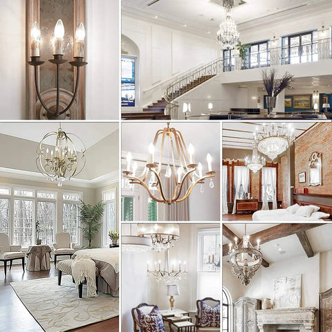 Various chandeliers and sconces in elegant rooms featuring Dimmable E12 LED Candelabra Bulbs 5000K Daylight Chandelier 60W 600LM Pack Of 6.