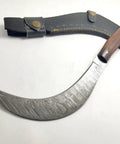 Hand Crafted Damascus Steel Sickle Knife With Full Tang And Stabilized Rosewood Handle on white background with sheath
