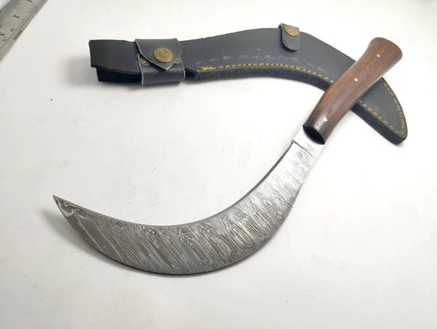 Hand Crafted Damascus Steel Sickle Knife With Full Tang And Stabilized Rosewood Handle on white background with sheath