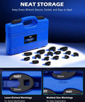 Crowfoot Wrench Set, 15-Piece 8-24 Millimeter Metric Flare Nut Wrenches With 1/2 Inch And 3/8 Inch Drive, blue case and markings