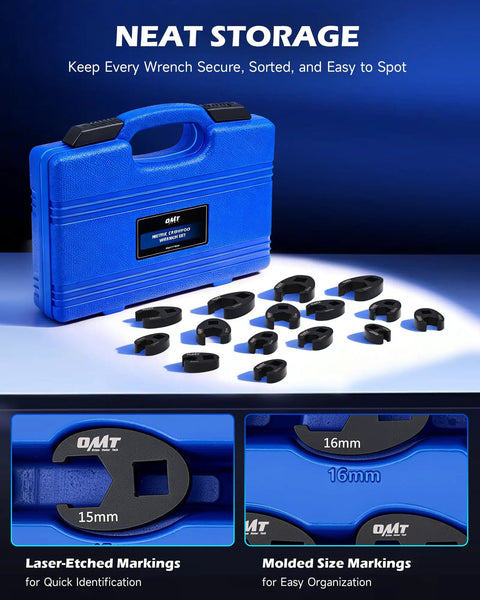 Crowfoot Wrench Set, 15-Piece 8-24 Millimeter Metric Flare Nut Wrenches With 1/2 Inch And 3/8 Inch Drive, blue case and markings