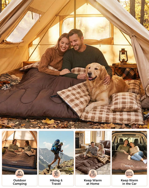 Two Person Queen Size XXL Flannel Sleeping Bag With Cotton Liner And Two Pillows, Waterproof Lightweight Double Camping Bag