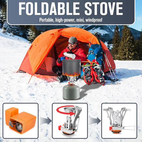 Trail Ready 16 Piece Camping Cookware Set for Backpacking and Picnics with cooking stove in winter campsite setting
