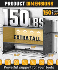 Power Tool Organizer Wall Mount With 3 Layer Charging Station 6 Outlets 4 Drill Holders And Drill Bit Rack Hooks And Adjustable Shelves For Garage Workbench And Workshop Keep Tools Neat Charged And Within Reach, shown with dimensions and load capacity of 150 lbs.
