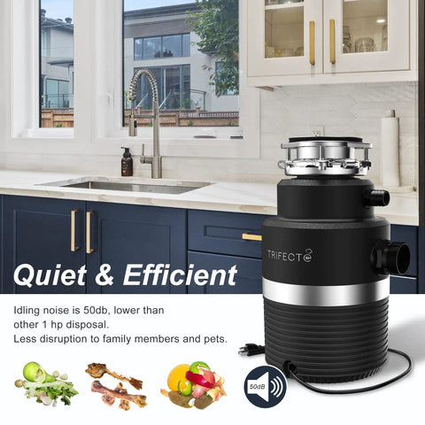 Ultra Quiet 1 HP Continuous Feed Garbage Disposal With Sound Reduction Technology Power Cord Included, shown near kitchen sink.