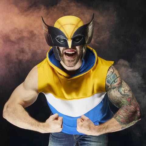 Legit Screen Accurate Wolverine Premium Roleplay Mask featuring authentic movie details, worn by a muscular adult male.