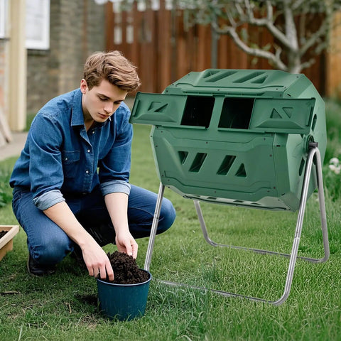 Man using Dual Chamber 43 Gallon Outdoor Compost Tumbler With Sliding Doors And Included Gloves, Rotating Bin For Batch Composting