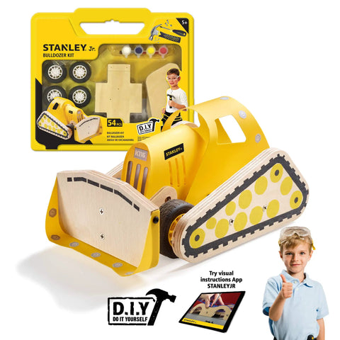 Sweet Wooden Bulldozer Model Kit For Kids Diy Construction Truck Toy Build And Play, yellow and wood toy model with assembly kit.