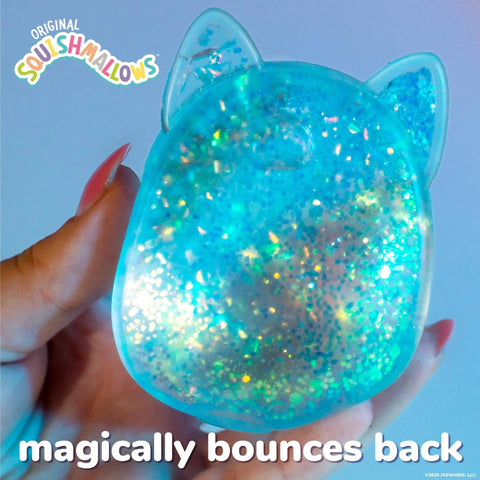 Blue Gelli Gel Squishy Boasting Slow Flow Glitter And Iconic Shape Memory, held in hand showcasing glitter and bouncy texture.