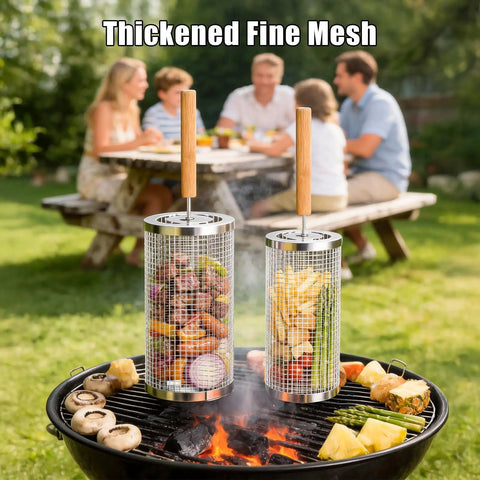 Two Pack Stainless Steel Grill Basket With Removable Beech Wood Handle for vegetables and fish over BBQ grill, family in background