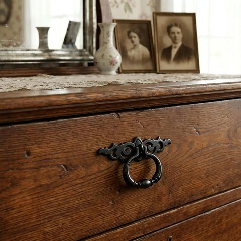 Top Shelf Vintage Black Ring Pull Handles For Kitchen Cabinets And Dressers Solid Zinc Alloy Build on wooden drawer close-up.
