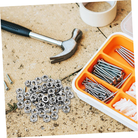 200 Piece Stainless Steel Hex Nuts Heavy Duty Hardware Fasteners for Repair Assembly and Fabrication Jobs on a workbench.