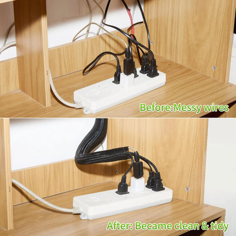 Before and after of messy wires organized with Split Wire Loom One Half Inch 50 Feet Braided Cable Sleeve, TV desk setup, black.