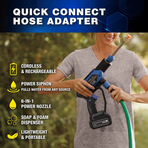 Person demonstrating Portable Cordless Pressure Washer With Turbo Jet Power 350 PSI 21V Battery, holding 6 in 1 nozzle.