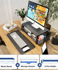 Desk Organizer and Monitor Stand With Drawer and Two Pen Holders for Laptop Setup, Ergonomic Two Tier Riser Elevates Screen for Comfortable Viewing