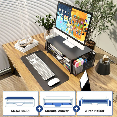 Desk Organizer and Monitor Stand With Drawer and Two Pen Holders for Laptop Setup, Ergonomic Two Tier Riser Elevates Screen for Comfortable Viewing