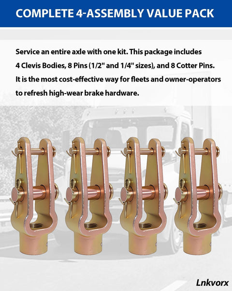 Four Pack Slack Adjuster Clevis Double Pin Kit With Straight Pins For Heavy Duty Air Brake Linkage Built To Last Five Eighths Inch By Eighteen Threaded Replaces R810019 CQ36541 E11430 A6809960540 Precision Dual Pin Geometry For Consistent Lever Action
