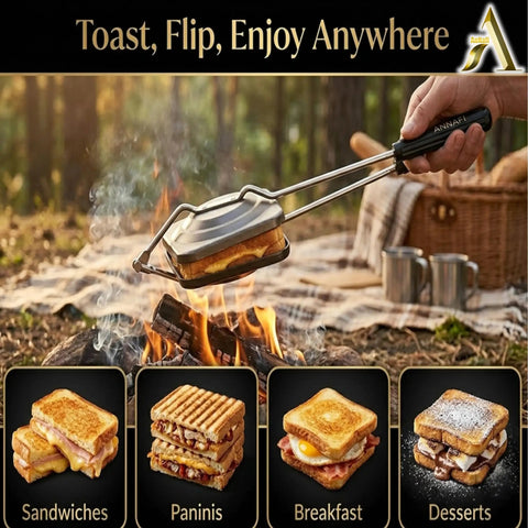 AnNafi Cast Iron Sandwich Maker Stove Top Grill Press Non Stick Hand Toaster Pan cooking cheese sandwich over campfire