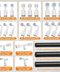 Air Conditioning Hose And Fittings Kit 26-Piece Set With 9.5-Foot Hoses In Sizes 6, 8 And 10 Includes Fittings And Pipe Cutter For DIY HVAC Repairs Great For Home Projects. Image shows connectors and hoses.