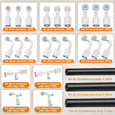 Air Conditioning Hose And Fittings Kit 26-Piece Set With 9.5-Foot Hoses In Sizes 6, 8 And 10 Includes Fittings And Pipe Cutter For DIY HVAC Repairs Great For Home Projects. Image shows connectors and hoses.