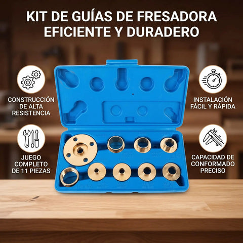 Top Shelf Brass Router Bushing Template Guide Set 11 Pieces For Quick Install Woodworking Accessories showcasing brass pieces in a blue case.