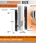 Sliding Glass Door Handle Replacement Kit, 6-5/8 In, Black, Keyed, Reversible For Left Or Right Handed Doors, Ergonomic Grip Design For Smooth Operation, Includes Red Indicator To Show When Door Is Closed; illustrated installation diagram of black handle with measurements and locking features.
