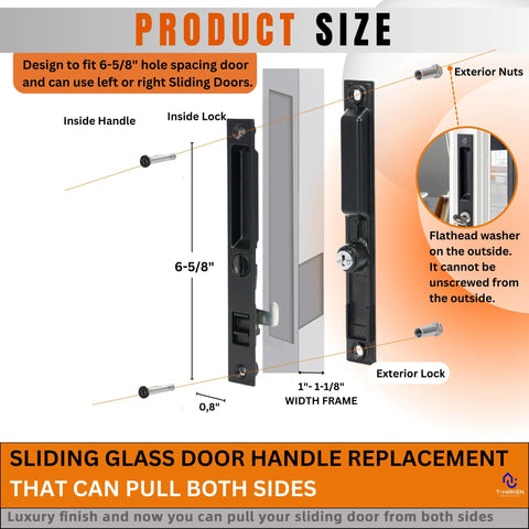 Sliding Glass Door Handle Replacement Kit, 6-5/8 In, Black, Keyed, Reversible For Left Or Right Handed Doors, Ergonomic Grip Design For Smooth Operation, Includes Red Indicator To Show When Door Is Closed; illustrated installation diagram of black handle with measurements and locking features.