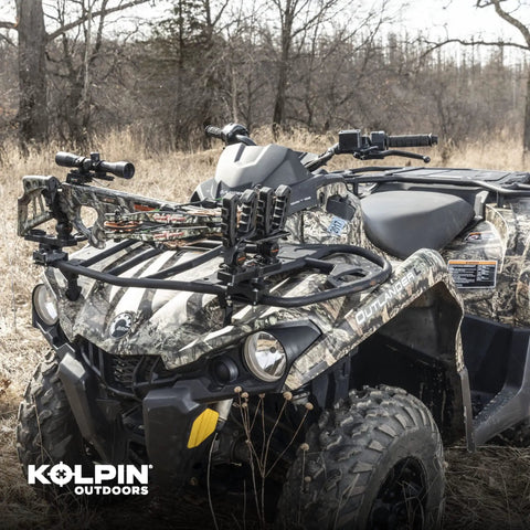 Rhino Grip XL Double Set Pair For ATV Gear Mounts on a camo ATV with crossbow, 360 degree rotating, tool free adjustable angles