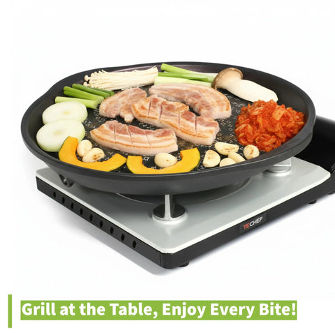 Korean BBQ Nonstick Grill Pan For KBBQ Lovers, Cast Aluminum Build, PFOA Free Coating with meat and vegetables cooking