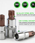 34 Piece Torx Bit Socket Set With Tamper Proof T6 To T70 Security Bits showcasing CR-V and S2 alloy steel construction.