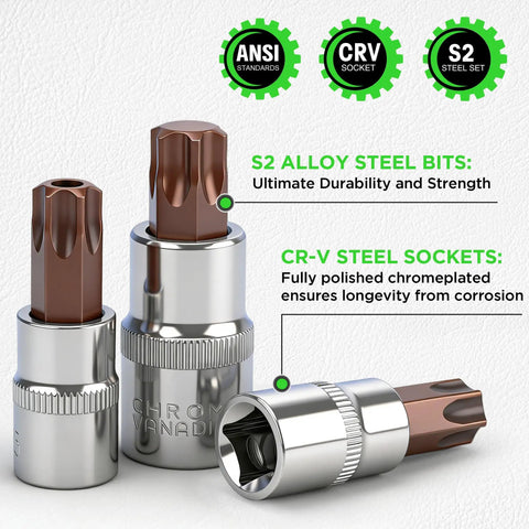 34 Piece Torx Bit Socket Set With Tamper Proof T6 To T70 Security Bits showcasing CR-V and S2 alloy steel construction.