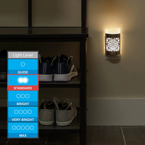 CoverLite LED Night Light With Floral Brushed Nickel Finish in hallway, plugged in near shoe rack
