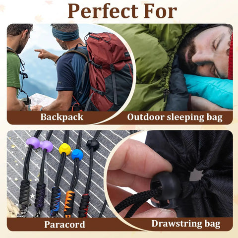 25 Pack Plastic Cord Locks Spring Loaded End Stopper Fasteners For Paracord Drawstrings Lanyards Shoelaces Bungee Ropes And More Must Have Heavy Duty Double Hole Toggle Clip Black used on backpack and sleeping bag cords