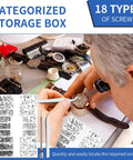 Hella Tough Micro Screw Assortment Kit With Precision Tweezers And Driver For Laptops Eyeglasses Watches Jewelry Gadgets No Sweat Repairs Solid Black Gear, categorized screws displayed with precision tools.