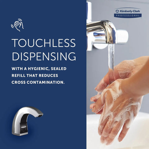 Touchless Counter Mount Soap And Hand Sanitizer Dispenser in Chrome with 1.5 L capacity beside hands under running water.