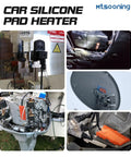 2Pcs Silicone Engine Block Heater Pad, 4X5 Inch, 150W 120V shown installed on various vehicles and engine types.