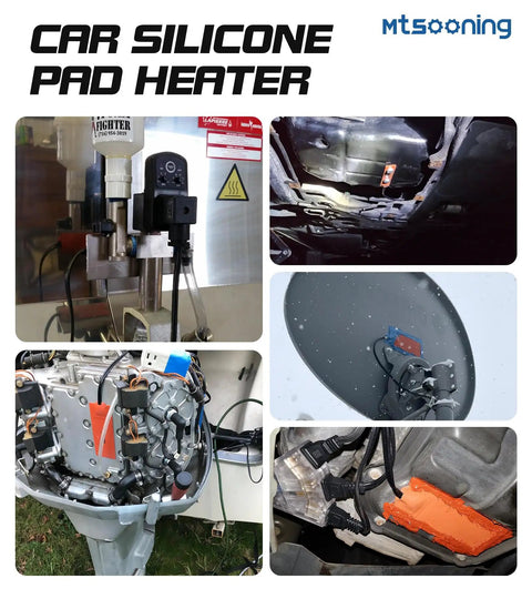 2Pcs Silicone Engine Block Heater Pad, 4X5 Inch, 150W 120V shown installed on various vehicles and engine types.