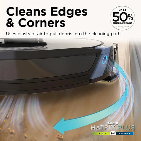 Close-up of 2In1 Robot Vacuum And Mop With Sonic Mopping And Matrix Clean Boss Level Cleaning Self Empty Base cleaning edge.