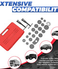 Pro-Grade Heavy Duty Disc Brake Piston Caliper Wind Back Tool Set Universal 28-Piece with adapters, red case, cars illustration