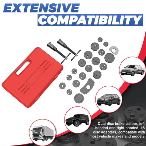 Pro-Grade Heavy Duty Disc Brake Piston Caliper Wind Back Tool Set Universal 28-Piece with adapters, red case, cars illustration